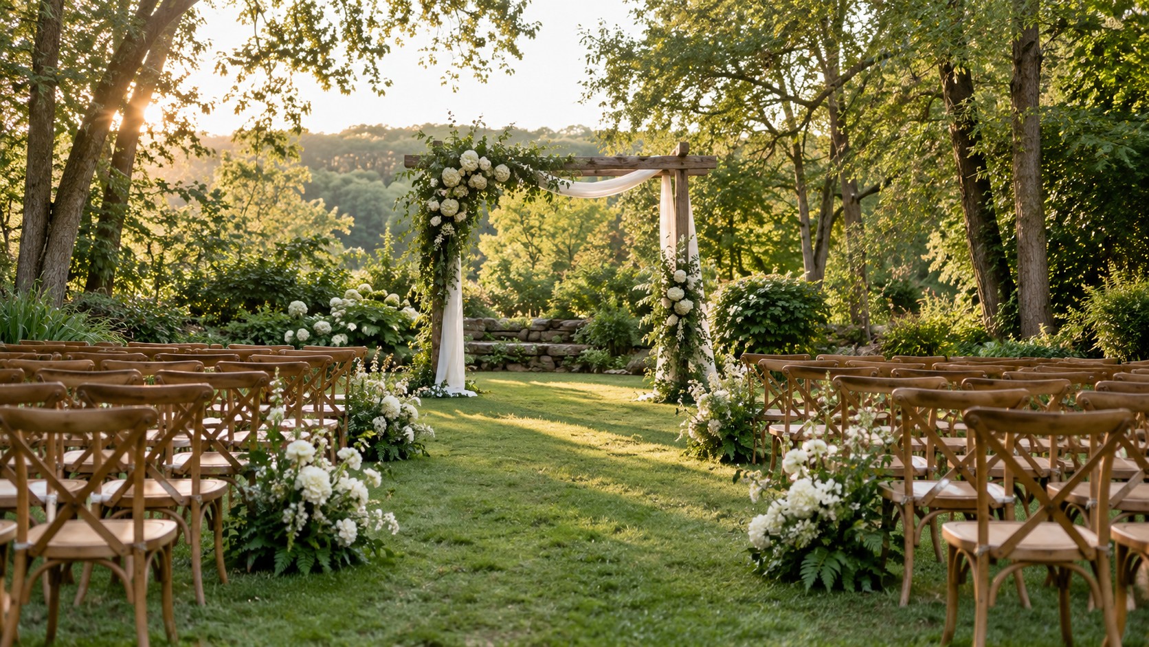 An intimate outdoor wedding ceremony setting with flowers and chairs in a green garden